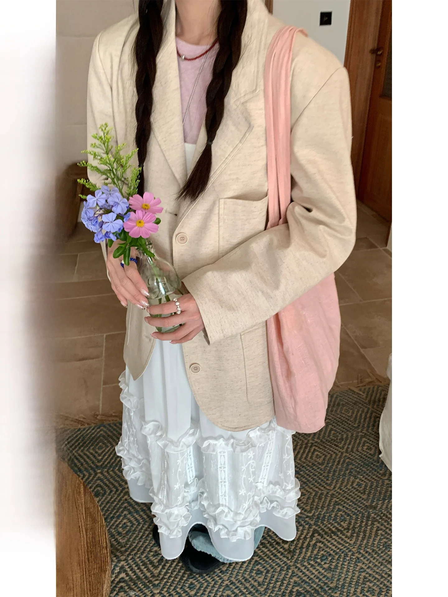 

Новый весенний повседневный льняной женский костюм COK: свободный крой, длинный рукав, на одной пуговице, цвет абрикосовый, для офиса и повседневной носки