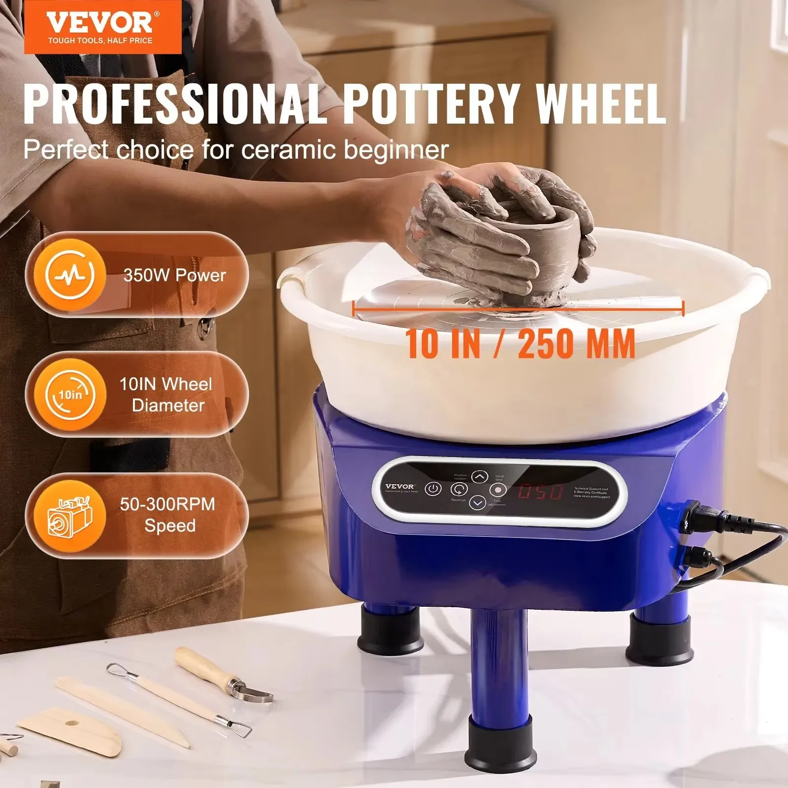 VEVOR Pottery Wheel Machine 10in Ceramic Wheel Foot Pedal Touch Screen 350W 3Leg Blue for  Ceramic Working Forming DIY Art Craft