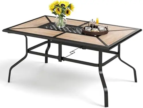 Outdoor Dining Table for 6, Long Metal Table w/Umbrella Hole | 61