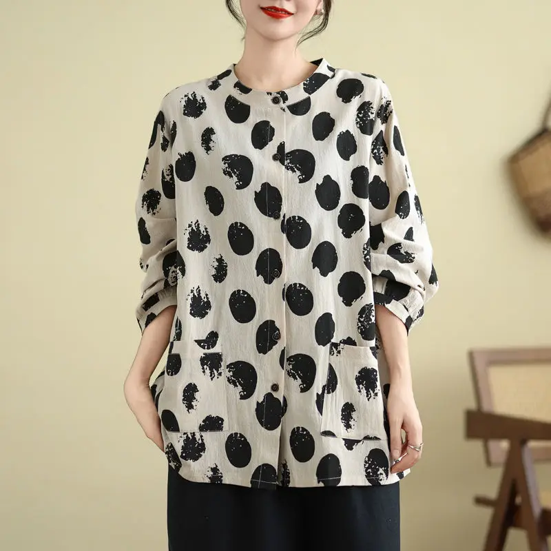 Vintage Sping Autumn New Women Clothing O-Neck Polka Dot Single Breasted Temperament Fashion Loose Long Sleeve Loog Shirts Tops