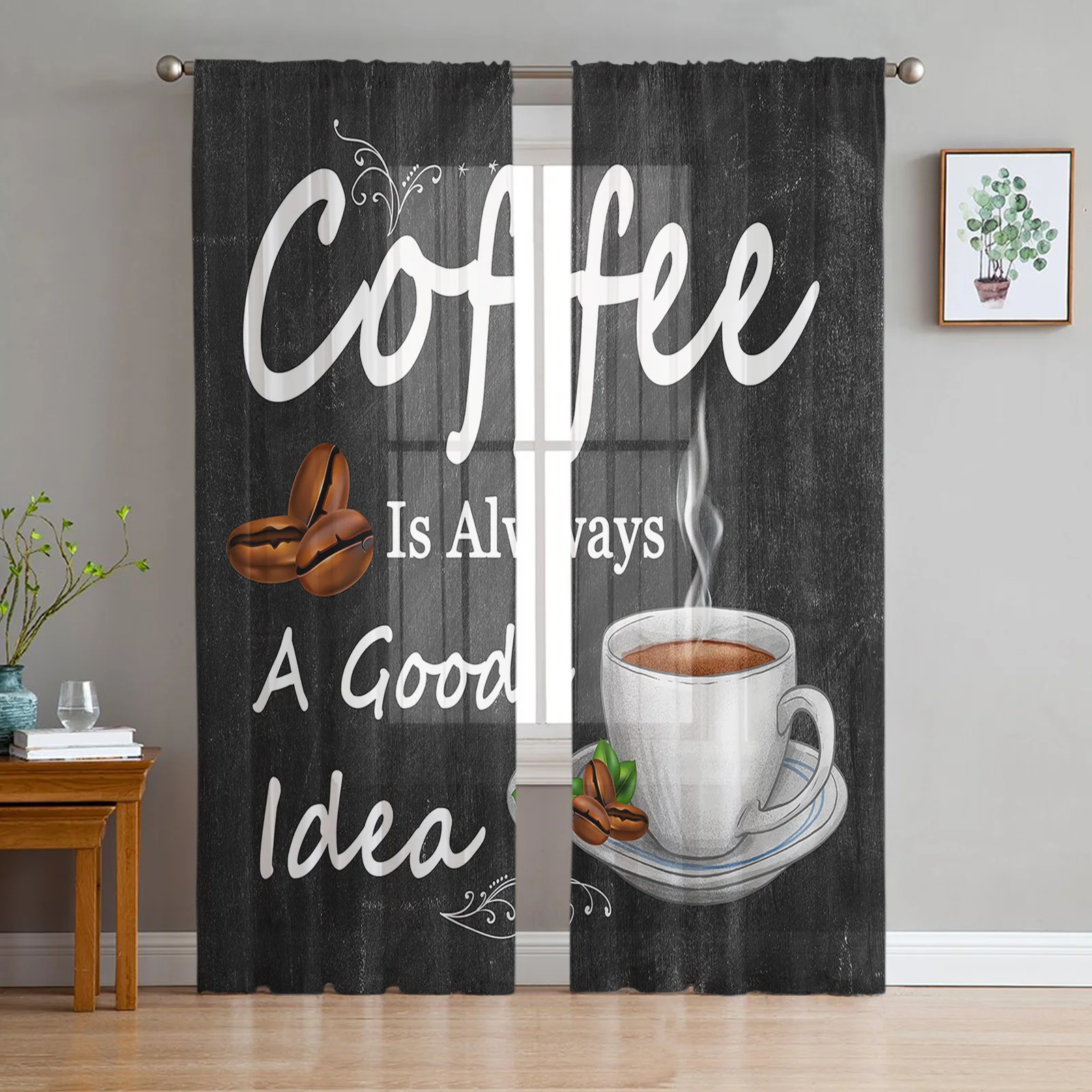 Retro Style Coffee Bean Coffee Sheer Curtains for Living Room Decoration Window Curtain Kitchen Tulle Voile Organza Drapes