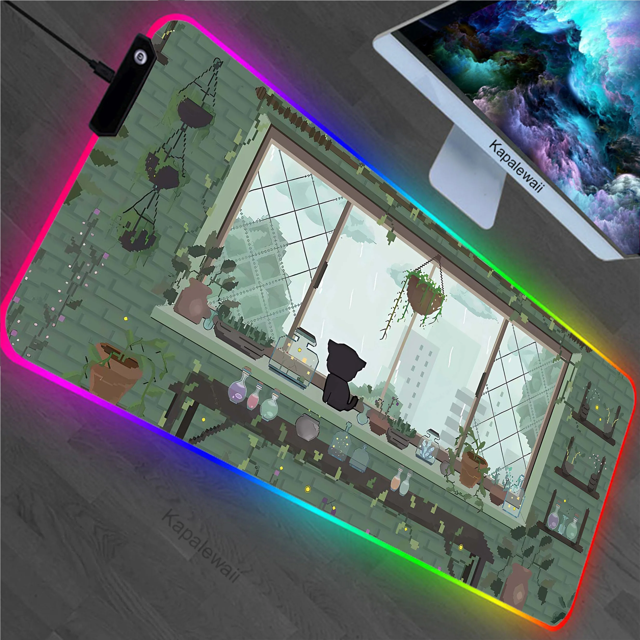 Cat Plant RGB LED Gaming Mouse Pad Locking Edge Large Mousepad Computer Desk Mat XXL Anti-slip Mouse Mat Rubber Keyboard Pads