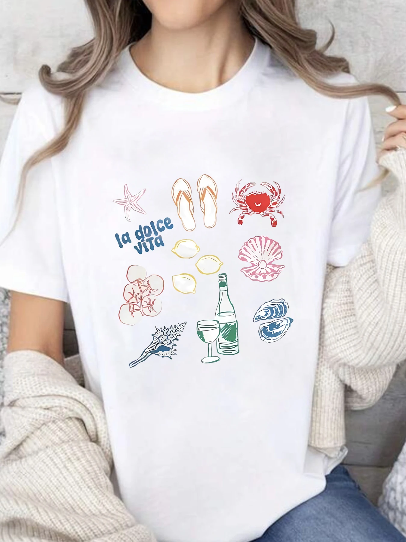 

Seastar crab Женская футболка больших размеров с круглым вырезом и короткими рукавами, эластичными половинными рукавами и модными принтами