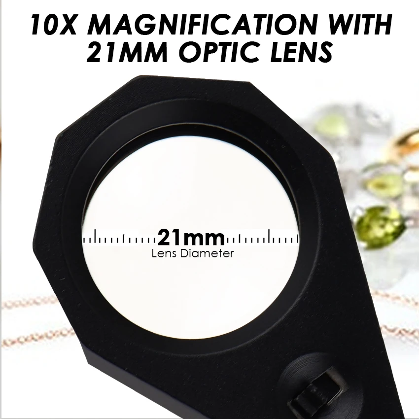 10x Magnification Triplet Optic Lens Jeweler Loupe Magnifier + 6 LED Light, 21mm Foldable Tool