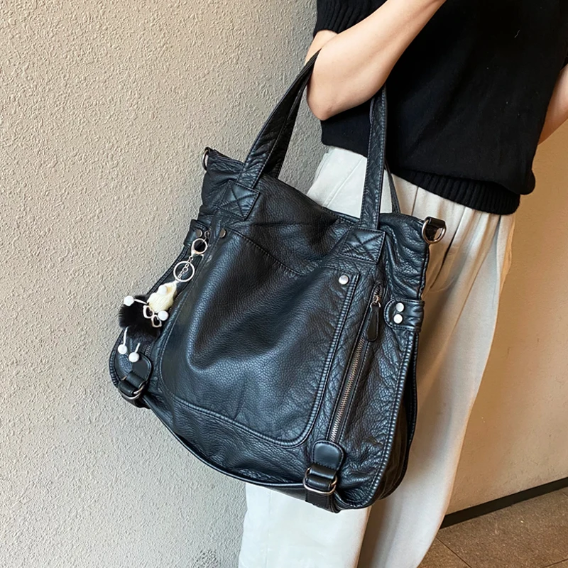 

Large Capacity Designer Luxury Bags Washed Leather Handbag 2025 Multi-pocket Bolsos Para Mujer Shoulder Women's Bag
