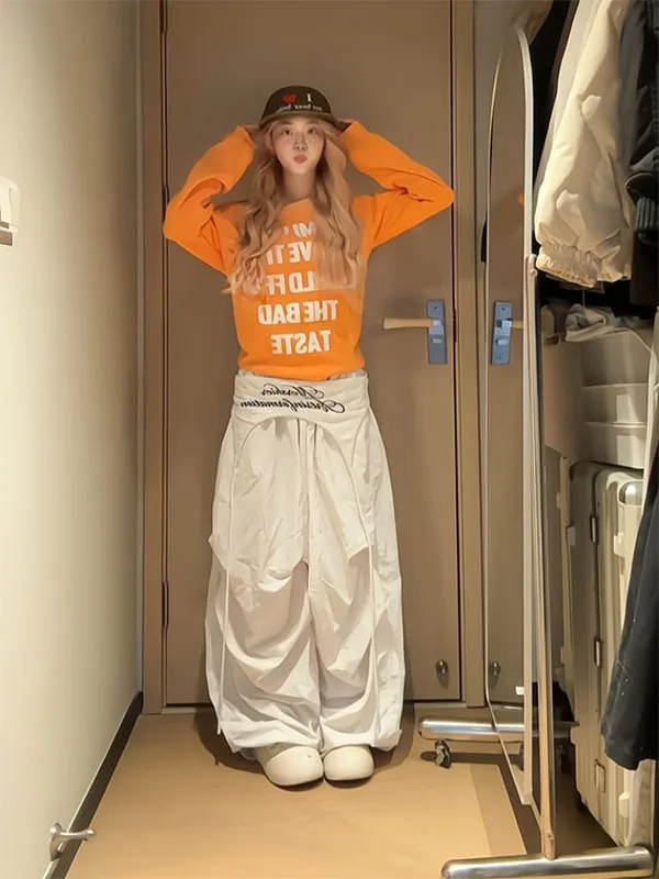 

Women's Autumn Fashion Retro Print Asymmetrical Shoulder Loose Sweatshirt And Wide Leg Pants Two Piece Set High Waist Long Sl...