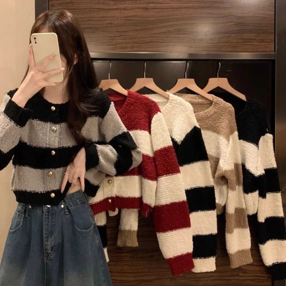 Милый вязаный топ в полоску Y2K, свободный вязаный крючком трикотаж с длинными рукавами, пальто, свитер, куртка, кардиганы, женский офис