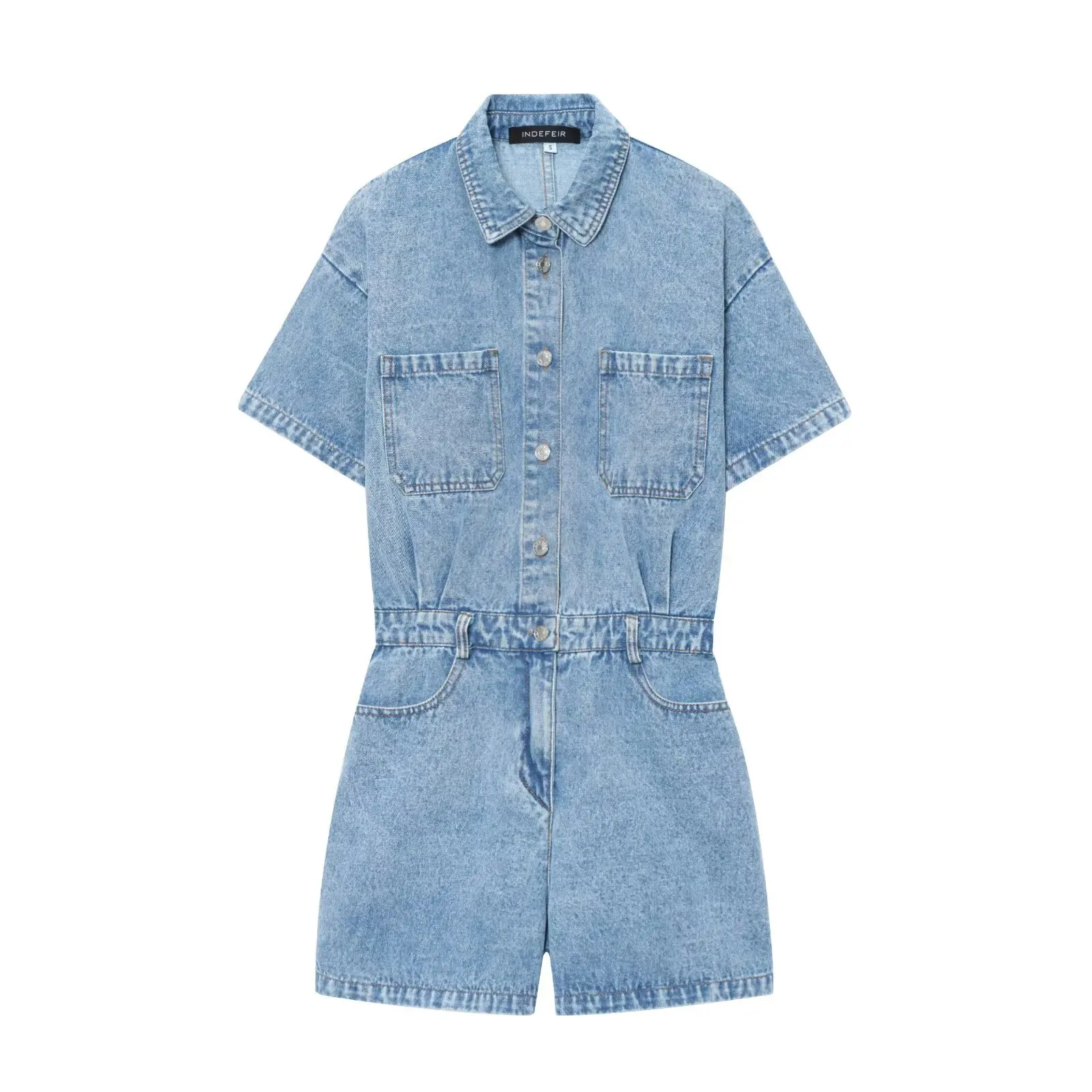 

Women's Romper Denim Jumpsuit One-Piece New Women's Fashion Style Flip Collar Sleeve Waist Tight High Waist Pockets