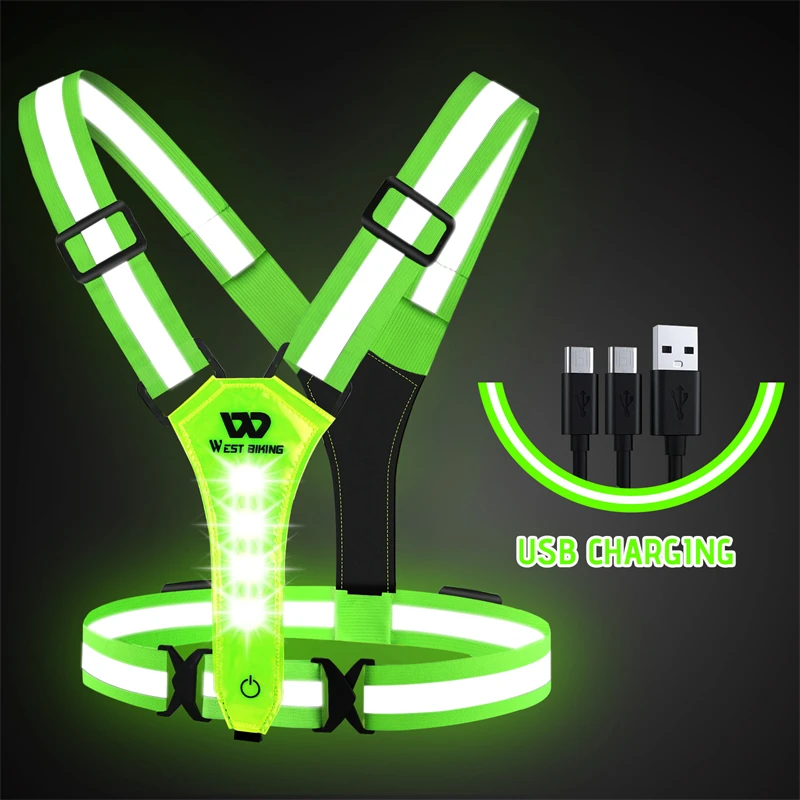 WEST BIKING Running Light Reflective Vest LED Chest Lamp USB Charge Warning Light Belt Night Working Hiking Fishing Cycling Vest