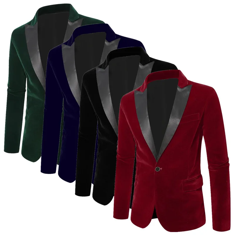 

New Men's Business Formal Wear Pure Color Velvet Suit Single Button Jacket Groom Singer Wedding Dance Party Dress Blazers Coats
