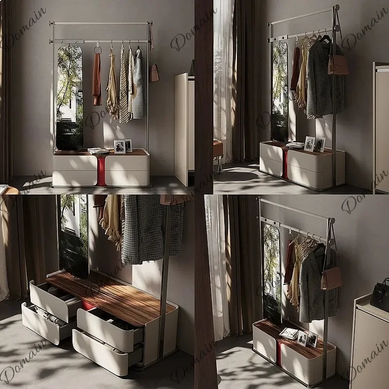 XX Modern Luxury Floor Coat Rack With Full Length Mirror, Walnut Storage Cabinet For Bedroom Villa