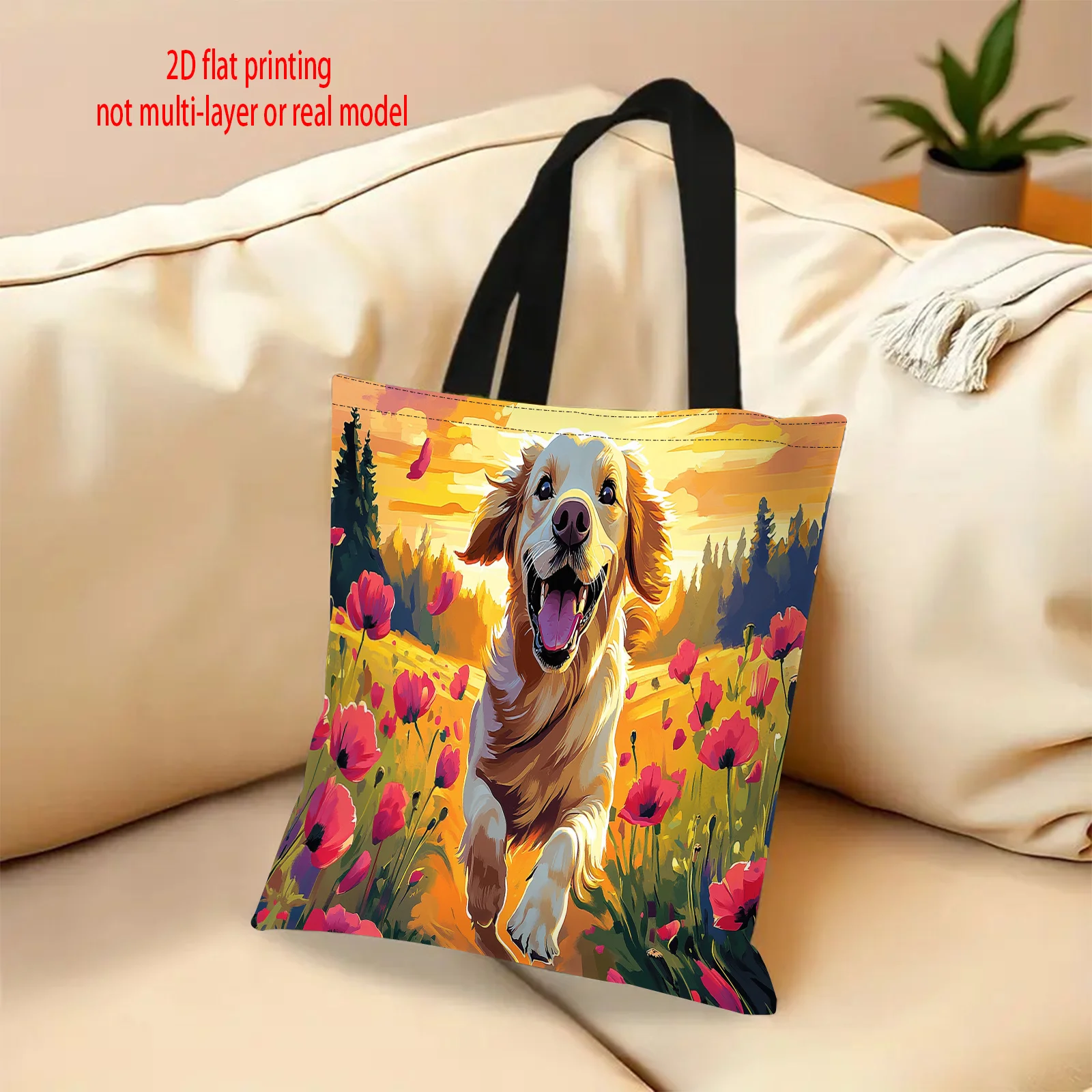 Vintage Damen-Freizeithandtasche mit einem fröhlichen Golden Retriever, der lauft, Einkaufstaschen für den Schulgebrauch, Aufbewahrungstasche