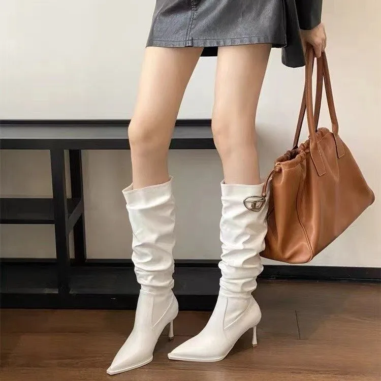 Versatile Women Pointed Boots with Slim High-heeled Midsole Sleeve Pleated Anti Slip Waterproof Winter Outdoor PU Fashion Boots