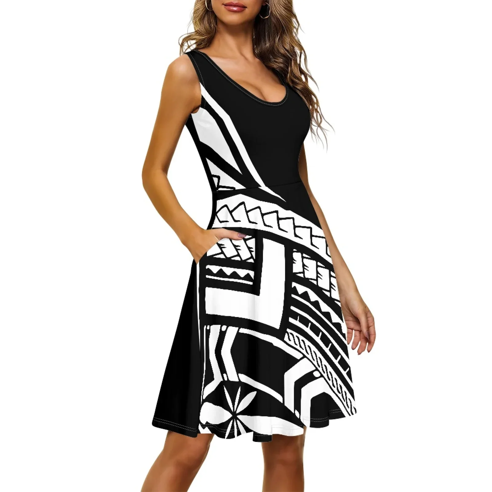 Polynesian Tribal Samoan Totem Tattoo Prints Women Dresses, Beach Party Dresses, Lady Sexy Sling Dress, Premium Polyester Fabric