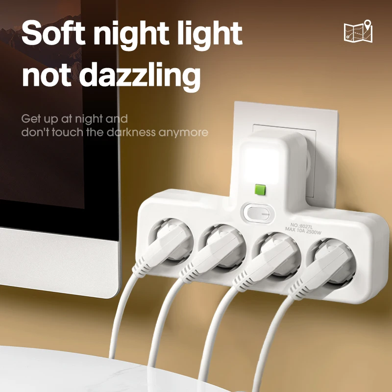 EU power board switch power plug with independent night light switch ，4  sockets, suitable for home and office use