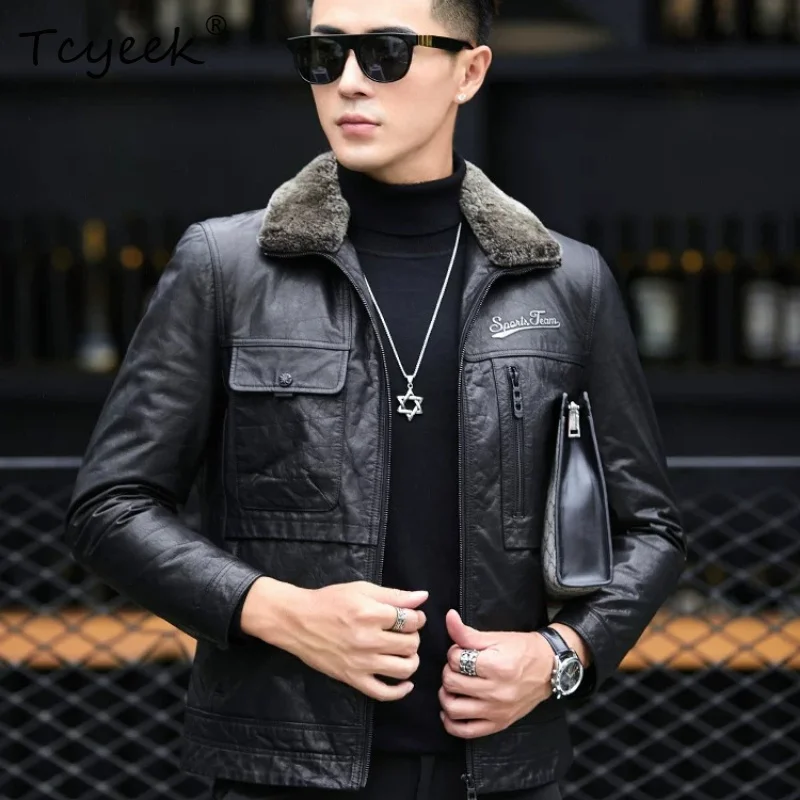 Tcyeek Real Leather Jacket Men Winter White Duck Down Coat Down Liner Detachable 100% Cowhide Mens Coats Lamb Wool Collar Trendy