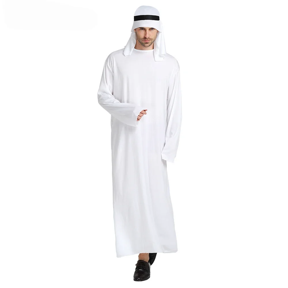 New Adult Men Arabian Arab Sheikh Costume Middle East Clothes Sultan White Robe Red Headband Purim Halloween Fancy Dress