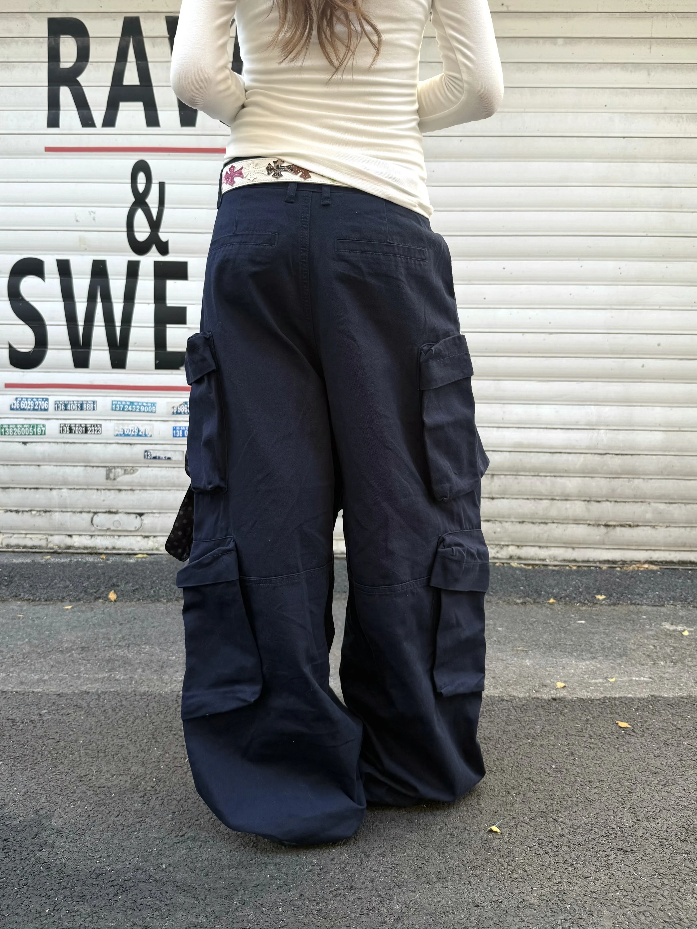 BeOurRule Gothic American Workwear Font Multi-Pocket Wide Leg Pants Women Loose Slim Straight Long Trousers Casual Cotton