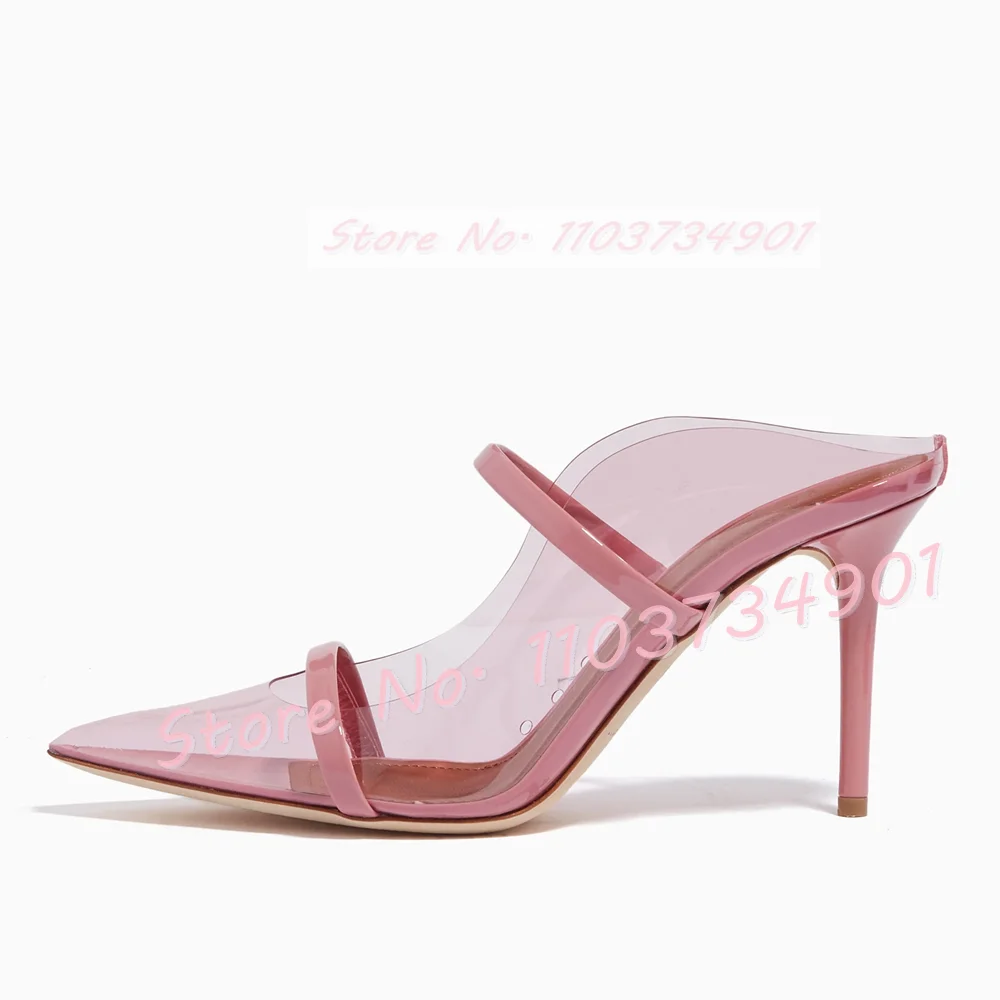 Brown Clear Pvc Pointy Toe Mules Women Stylish Double Straps See-through High Heels Shoes Female Elegant Party Stiletto Slippers