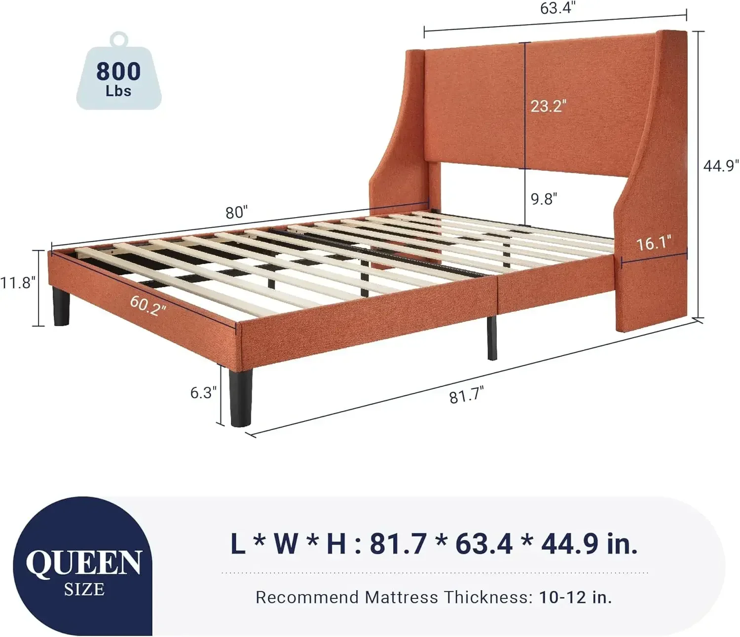 Cadre de lit à plateforme Queen Size avec planche de sauna, Wingback de luxe moderne, support de latte en bois, fondation de matelas