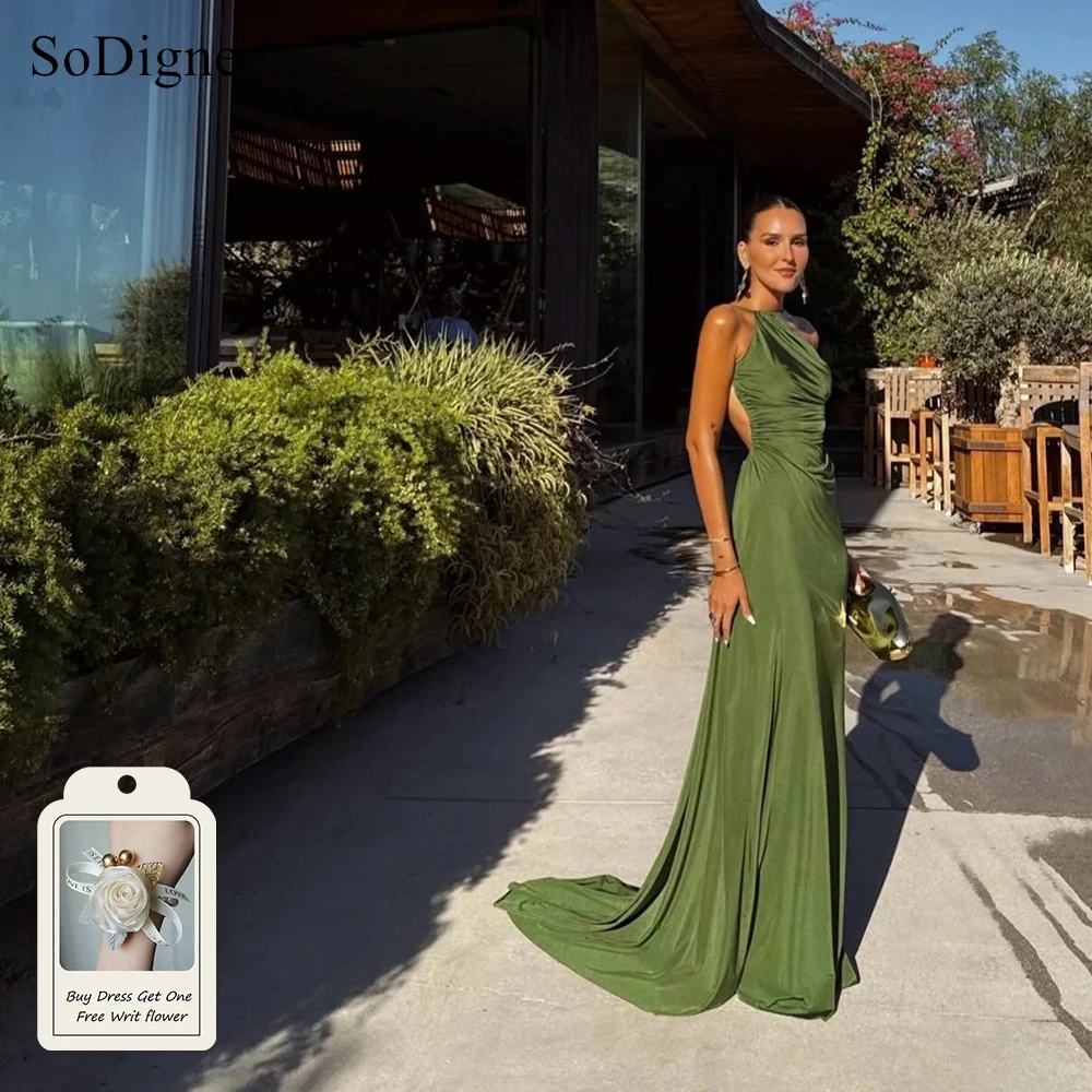 SoDigne Elegant Green Satin Evening Dresses Pleats Halter Sleeveless Party Dress Sexy Blackless A-Line Prom Gowns Customized