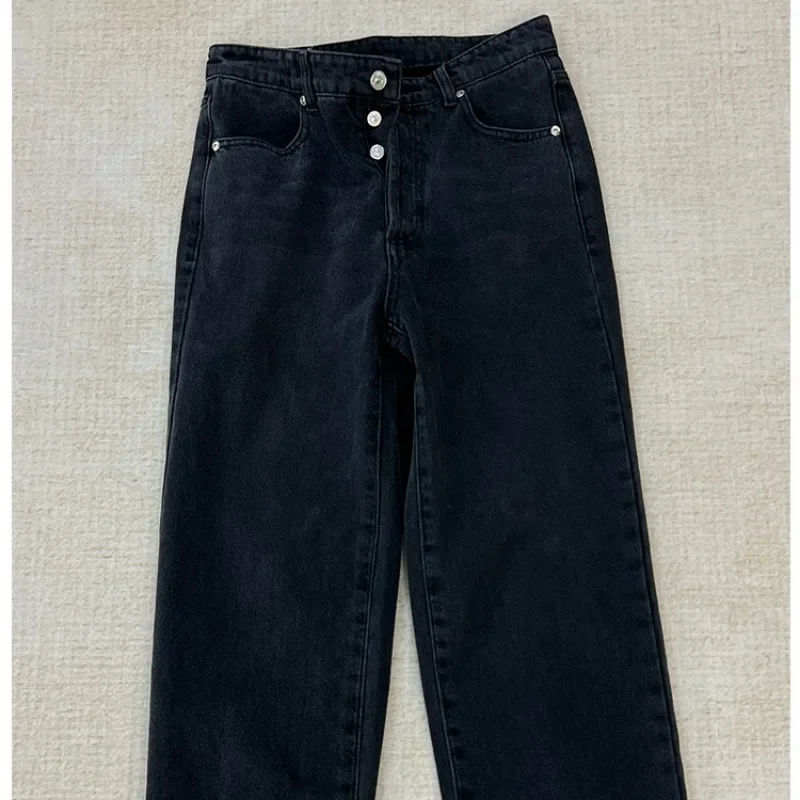 2023 Early Autumn High Waisted Slimming Legs Long Retro Washed Black Denim Straight Pants Jeans