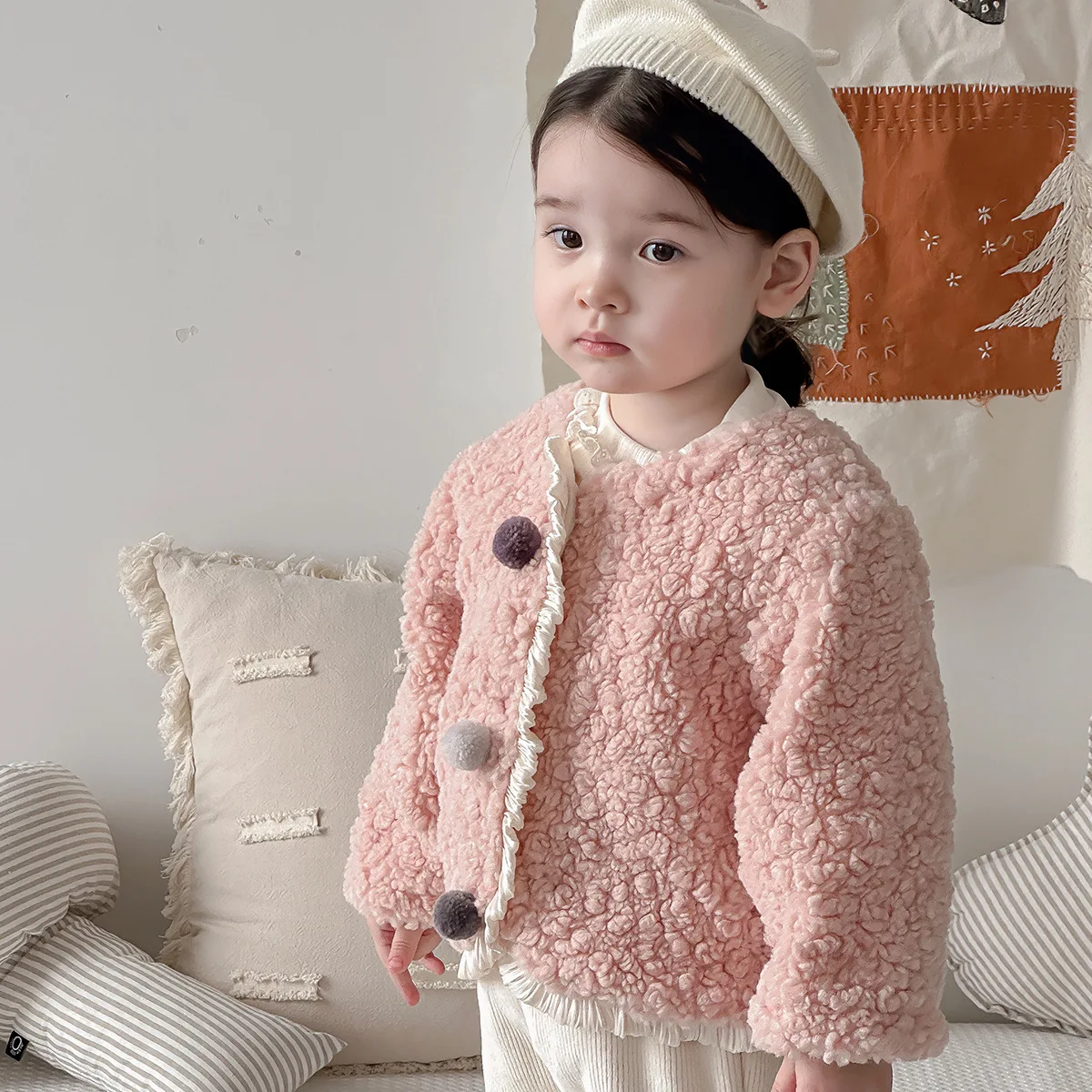 

Girls Pink Wool Coat Children 2024 New Autumn Winter Fashion Simple Casual Coat 1-3 Years Old Kids Clothes Korean Sweet Style
