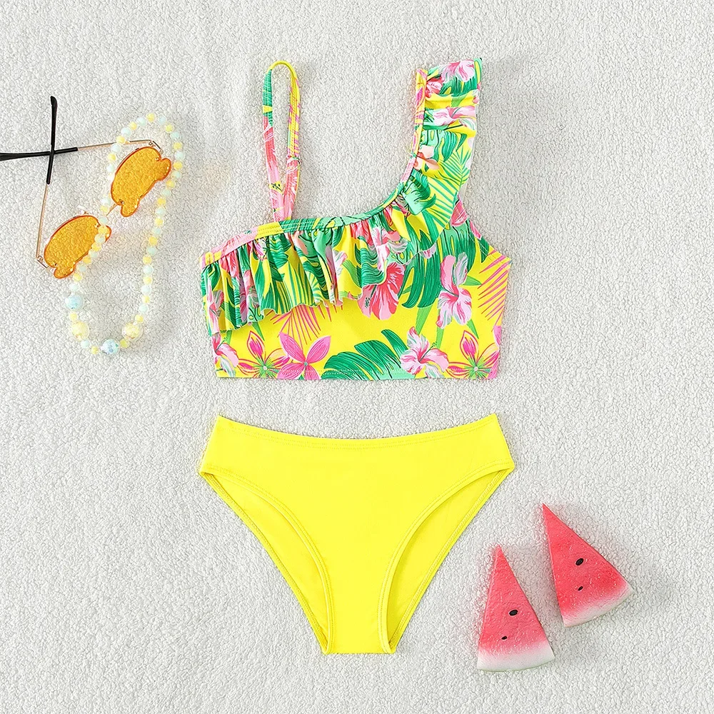 Kids Oblique Shoulder Sling Split Swimsuit Girl Quick Dry Breathable Bikini Swimwear Kid Hot Springs Two Pieces Biquini Infantil
