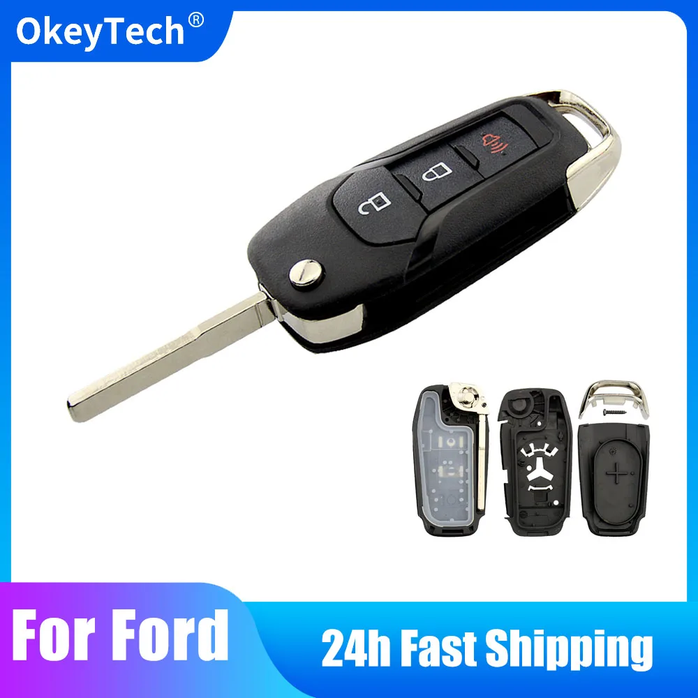 

OkeyTech 2+1 Button Flip Folding Car Key Shell Case for Ford Focus Fusion Mk2 Mk7 Explorer Ranger Uncut Blank HU101 Blade