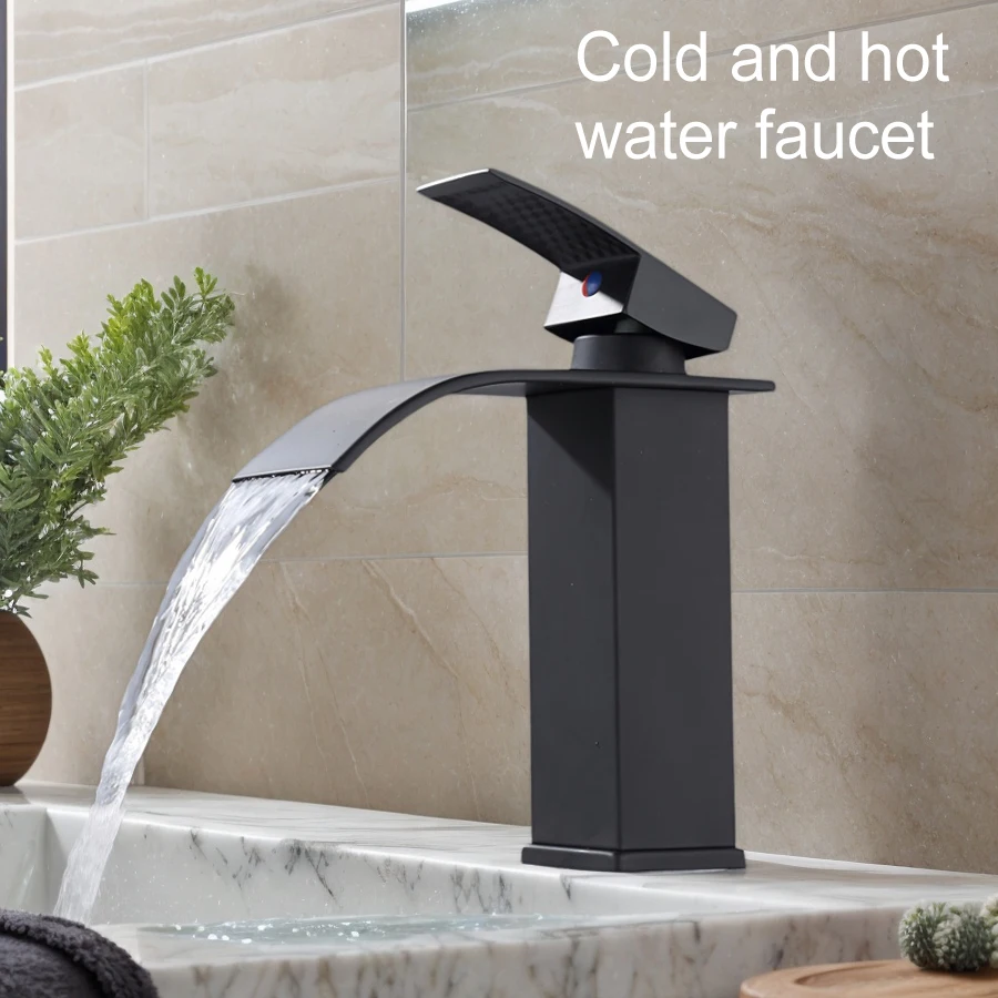 

1 комплект квадратной черной раковины из нержавеющей стали с двойным краном для горячей и холодной воды, высота 18 см/7,09 дюйма, современный излив-водопад, низкопрофильный смеситель для раковины под столешницей для ванной комнаты