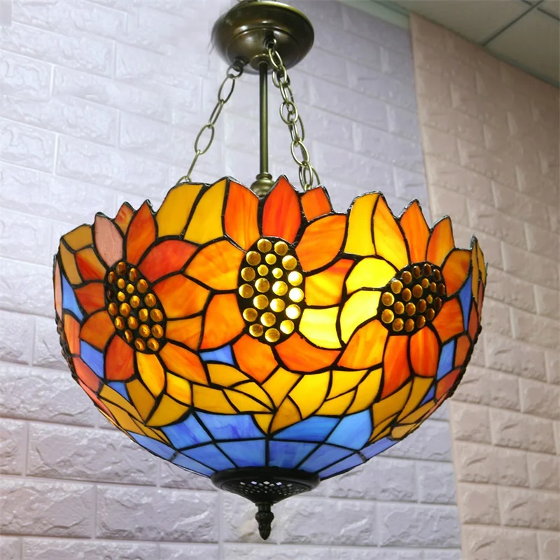 SOFITY Tiffany Pendant Light Contemporary LED Sunflower Figure Lamp Fixtures For Home Dining Room