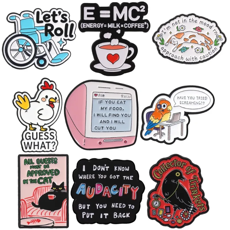 Funny Meme Badges Let's Roll Wheelchair Enamel Pins Energy Milk Coffee Grumpy Lazy Cat Brooch Office Parrot Crow Accessory Gift