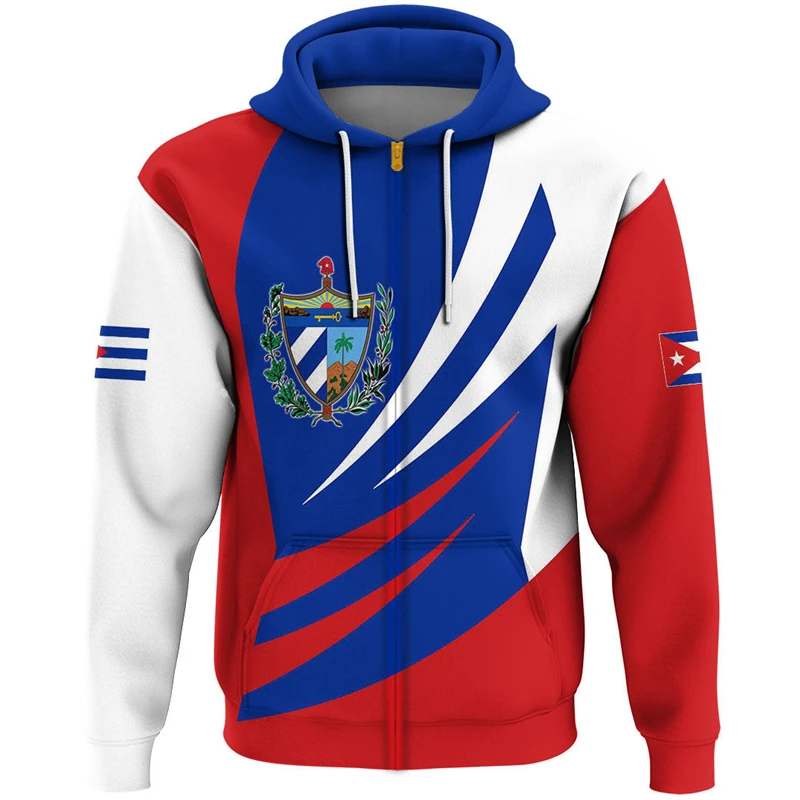 Homens e mulheres 3D Print Cuban National Emblem Hoodie, Mapa da bandeira de Cuba, Zip Up Hoodies, Tricô, Zipper Hoodie, Tops femininos, Roupas da moda