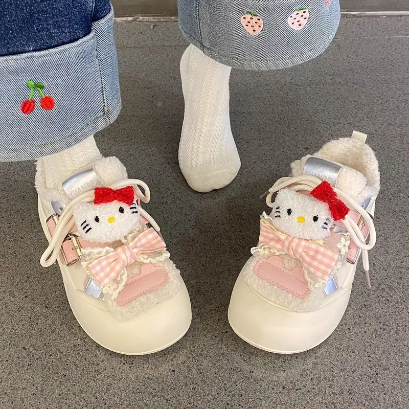 Sanrio Hello Kitty Y2k Soft Girl Cute Bow Board Shoes Women Winter Plush Thick Soled Bread Shoes Versatile Fashion Casual Shoes