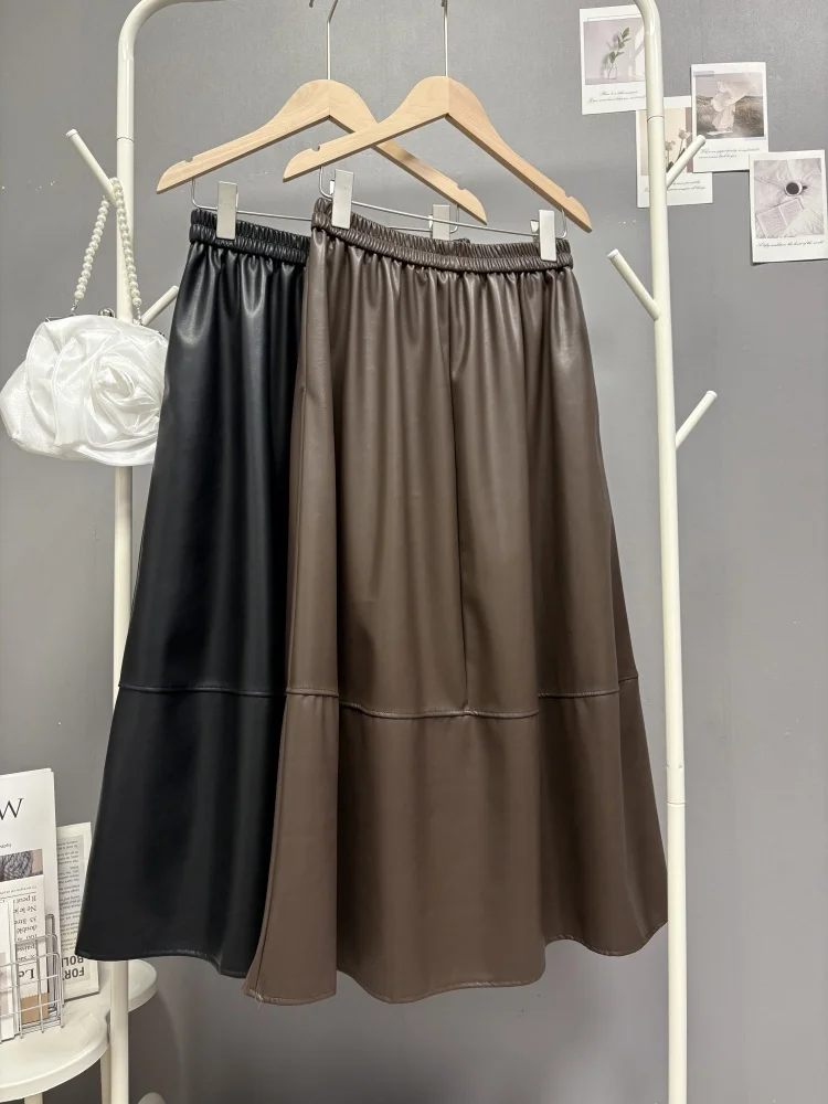 

Korean Fashion Women Black Pu Leather Pleated Party Long Skirt Autumn Winter Brown High Waist Versatile Skirt Simple Streetwear