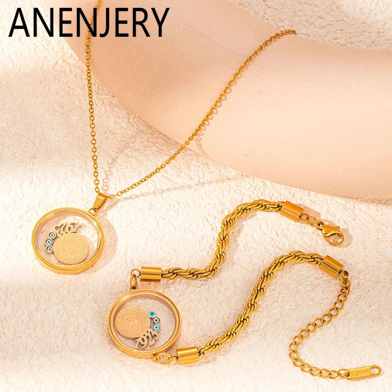 ANENJERY 316L Stainless Steel Round Portrait Necklace Bracelet For Women Vintage Niche Unique Jewelry Set