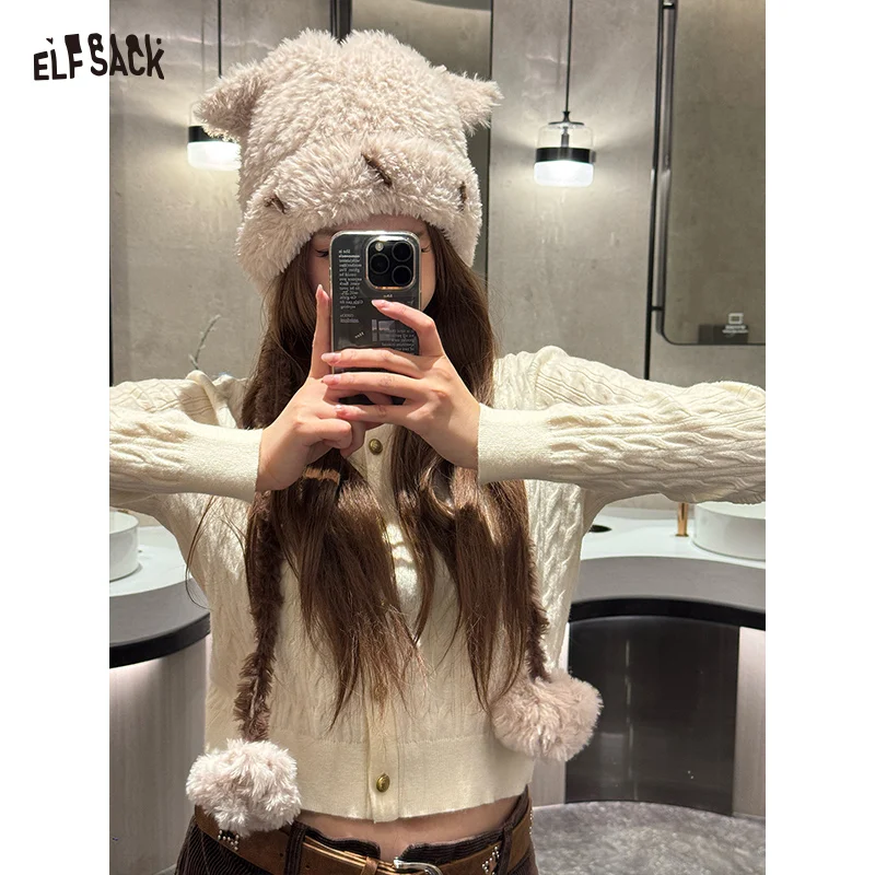 

ELFSACK Y2K Cute Ear Pom Pom Warm Knit Beanie For Women