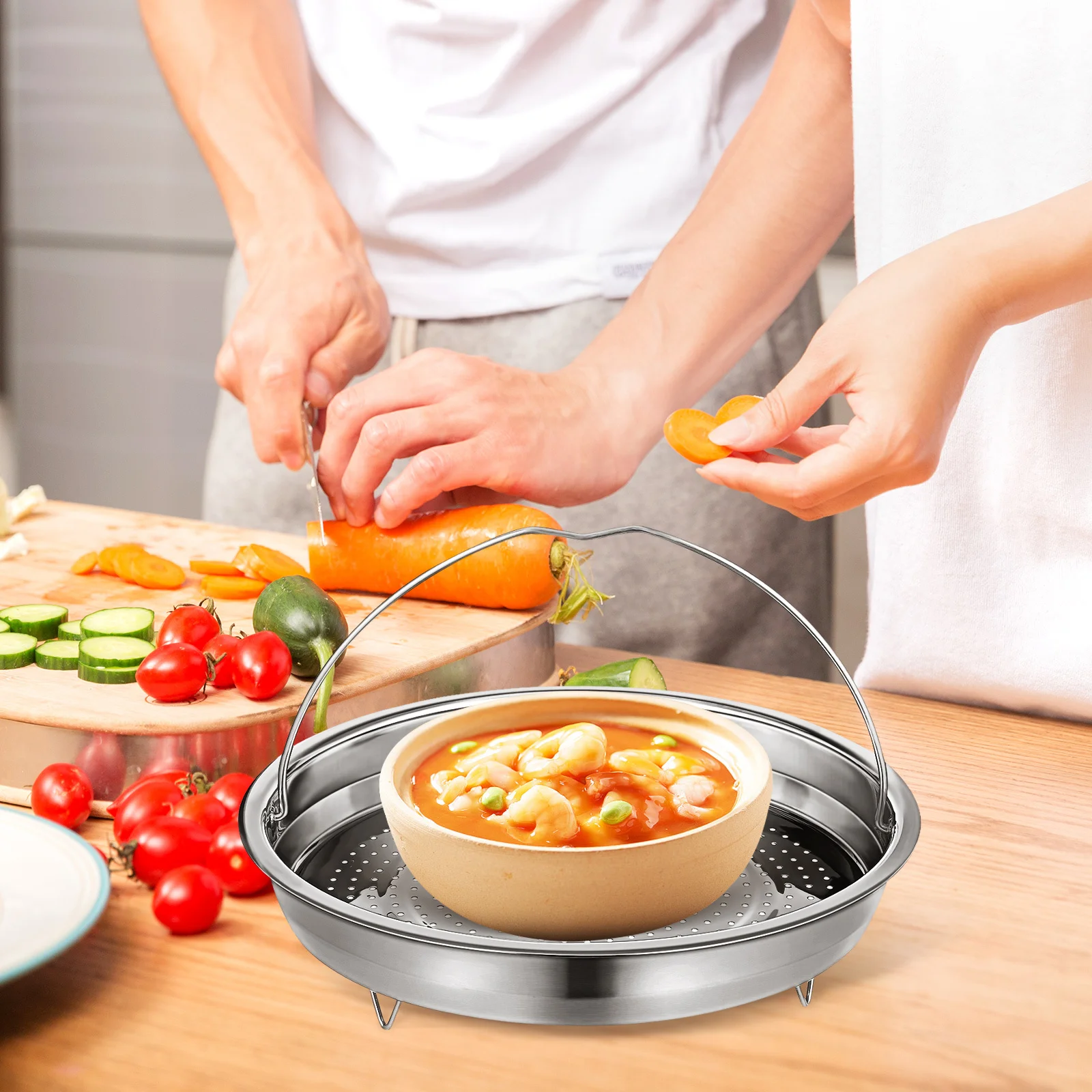 

Stainless Steel Steamer Basket Handle Detachable Fruit Strainer Kitchen Steaming Basket for Vegetables Dumplings Cooking Rack
