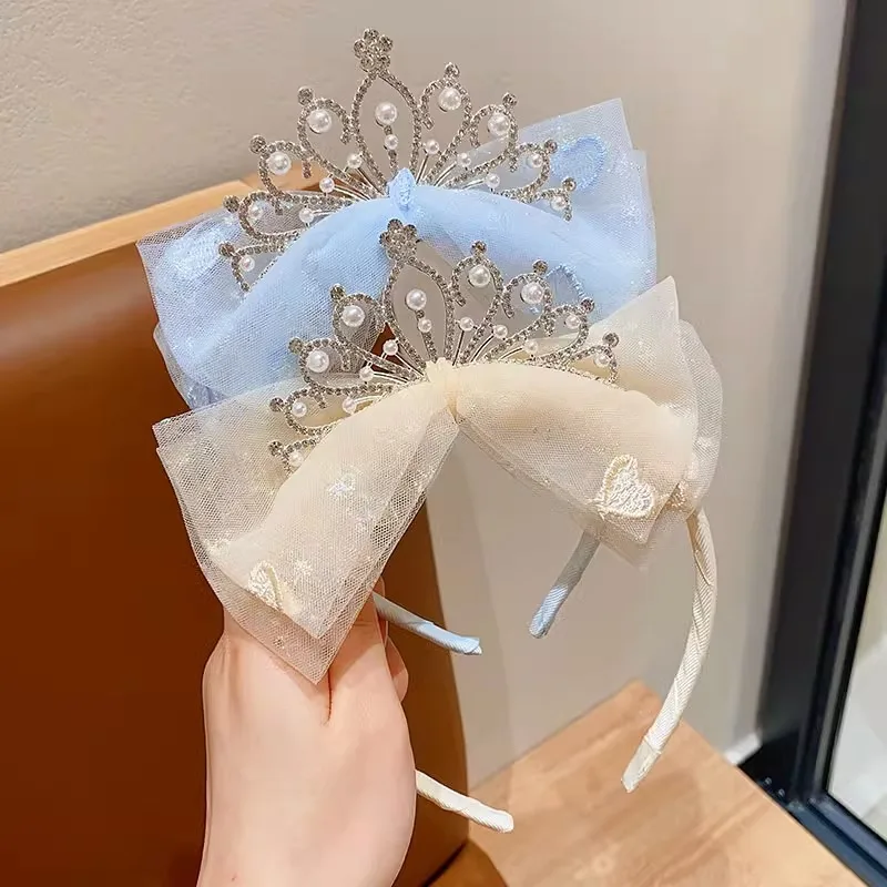 Princess temperament, crown headpiece, little girl's mesh, bow, pearl headband, pleated lace, embroidered headband, hairpin image 4