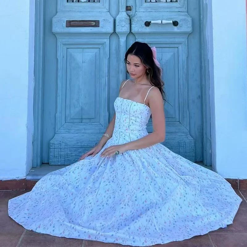 Vestido camisero francés elegante con estampado de flores para mujer, vestido Sexy de verano con tirantes finos, vestido acampanado a la moda para mujer, Vestidos de fiesta plisados ajustados