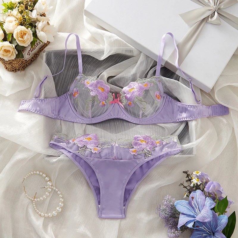 

Lingerie Ultra Sexy Transparent Bra Panty Set Floral Embroidery Beautiful Mesh Underwear Intimate Romantic Purple Sexy Lingerie