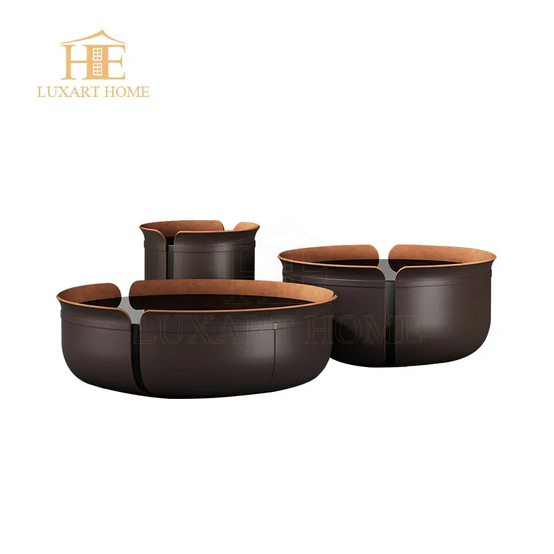 Luxury Modern Home Furniture Contemporary Leather Convertible Round Modular Coffee Table With Black Glass Top Metal Material