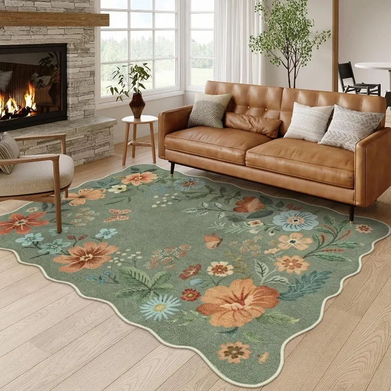 Irregular Living Room Carpet Foldable Machine Washable Vintage Flower Mat Anti-slip Wear-resistant Bedroom Rug Alfombra Tapis 러그