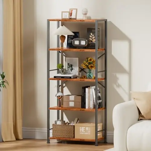 5 Tier Book Shelf Set of 2, Tall Wide Bookshelf, Rustic Brown | 20'' Wide Industrial Storage Shelves with X Crossbar image 6