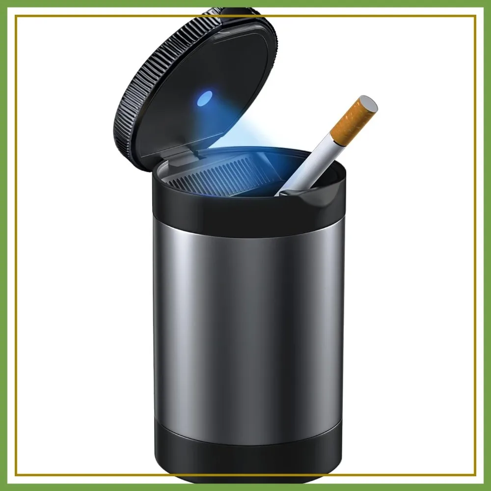 

Smokeless Ashtray with Lid for Cup Holder, Detachable Stainless Steel Car Ash Tray with LED Light, for Car Office Home (Grey)