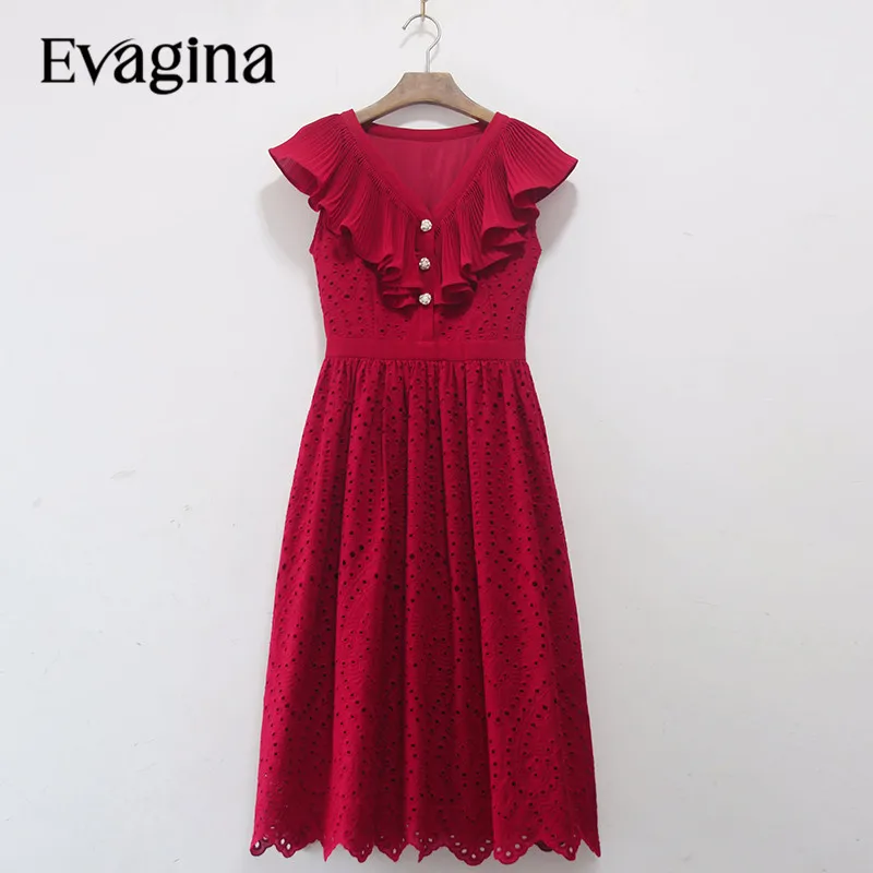 Evagina Ruffle Embroidery Nail Bead Knee Length dress Spring Summer Women's New Sleeveless V-Neck Holiday Dresses