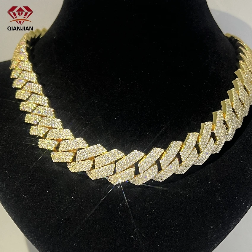 Qianjian Private Label Miami Chain Baguette Moissanite 14k 18k Gold Plated 18mm 3 Rows Chain For Rapper Star