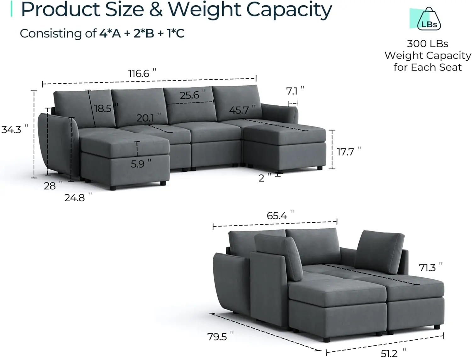 Linsy Home Modular Sofa, All Covers Washable Changeable Sectional Couch With Storage & Memory Foam, U Shaped 4 Seat Sofa With 2