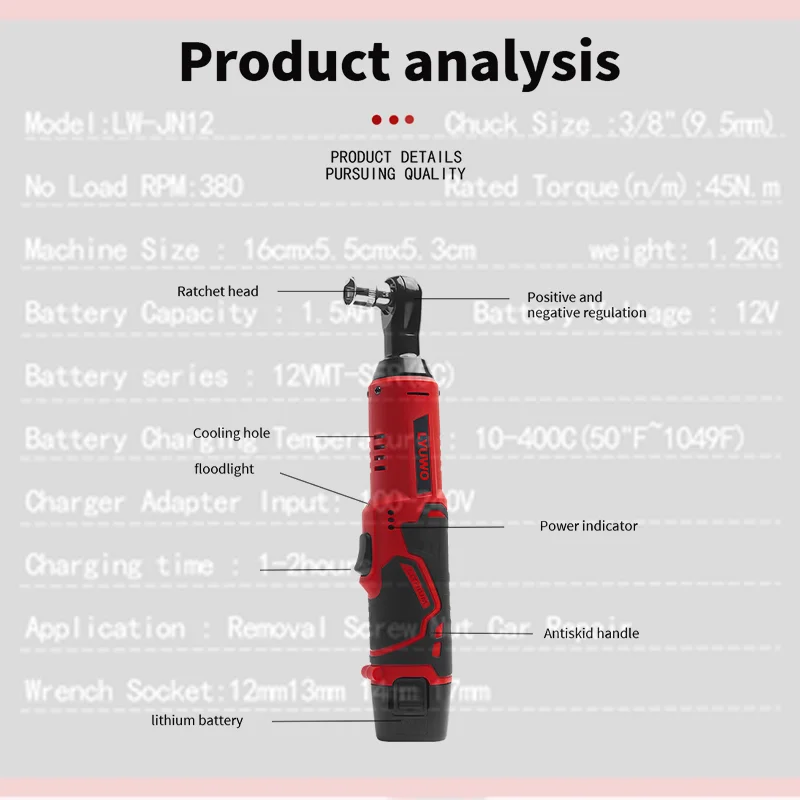 LYUWO 12V Cordless Right Angle Electric Wrench 45NM 3/8 Inch Ratchet Wrench Disassembly Nut Car Maintenance Tool With 4 Sockets