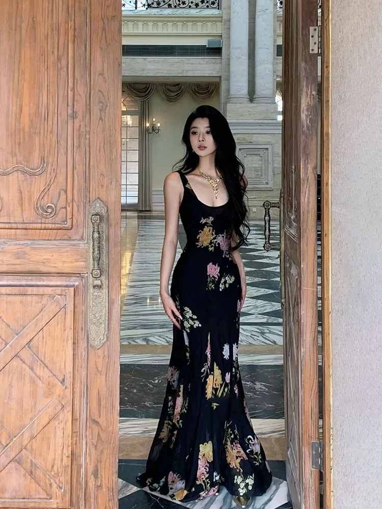 

Retro Floral Halter Gown N13 SYXATN Waist Cinched Women's Skirt Spring Summer High Waist Print Long V-neckline Full Body Cove...